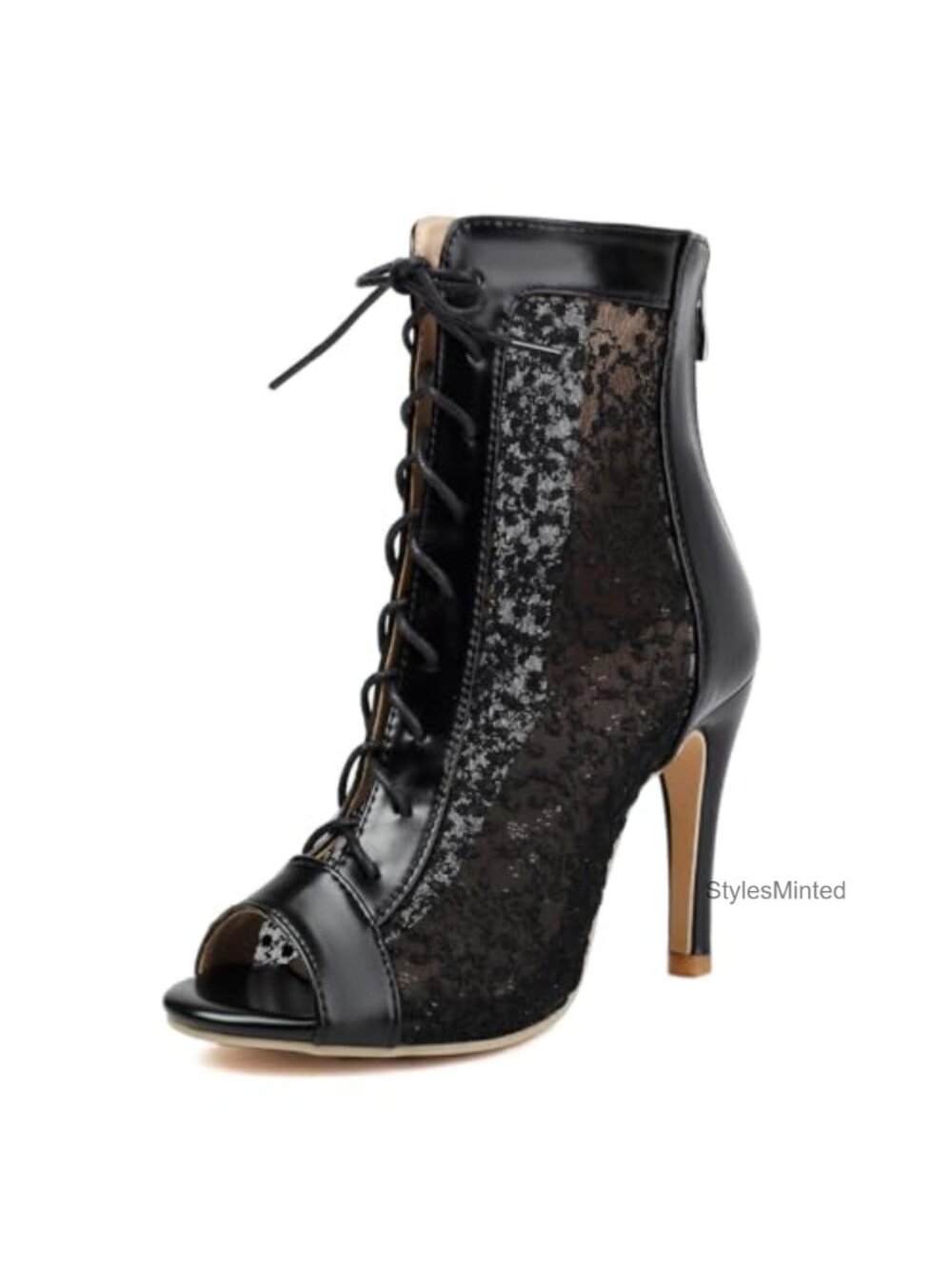 Lace Up Dance Heels Open Toe Sequin Booties Stiletto High Heel Ankle Boots